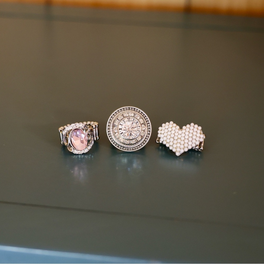 Elegant Silver, Pink, & Pearl Elastic Banded Ring Set